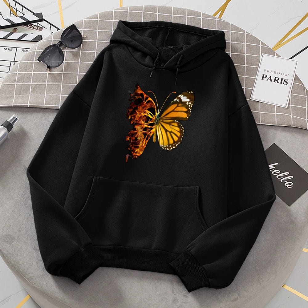 Flaming Butterfly Wings Hoodies Women Fashion Novelty All Match Hoodie Classic Trend New Clothes Loose O-Neck Fleece Sweatshirt