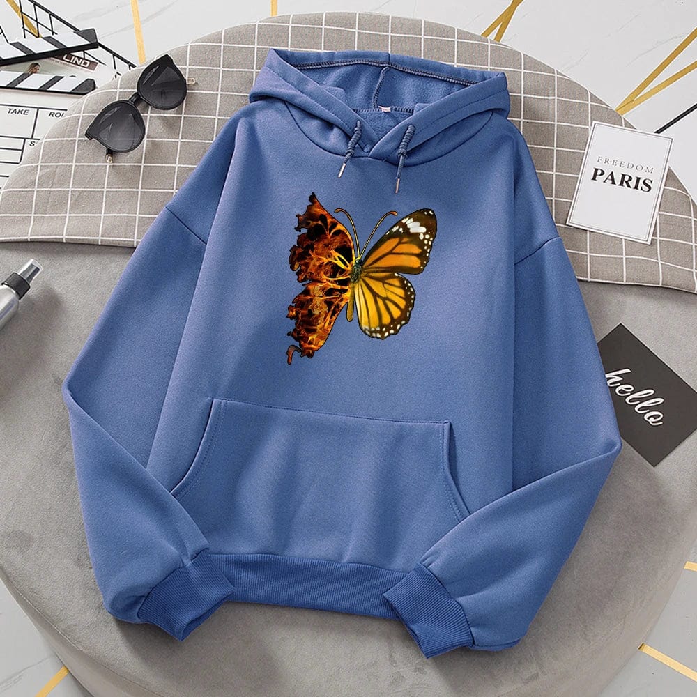 Flaming Butterfly Wings Hoodies Women Fashion Novelty All Match Hoodie Classic Trend New Clothes Loose O-Neck Fleece Sweatshirt