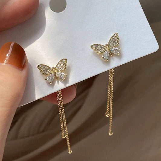 Gold butterfly drop earrings with chains