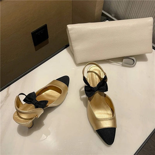 Gold Heels For Women Summer Party Shoes Designer Bowknot Ladies Pumps Black Suede Casual Slingback High Heels 7cm Soulier Femme