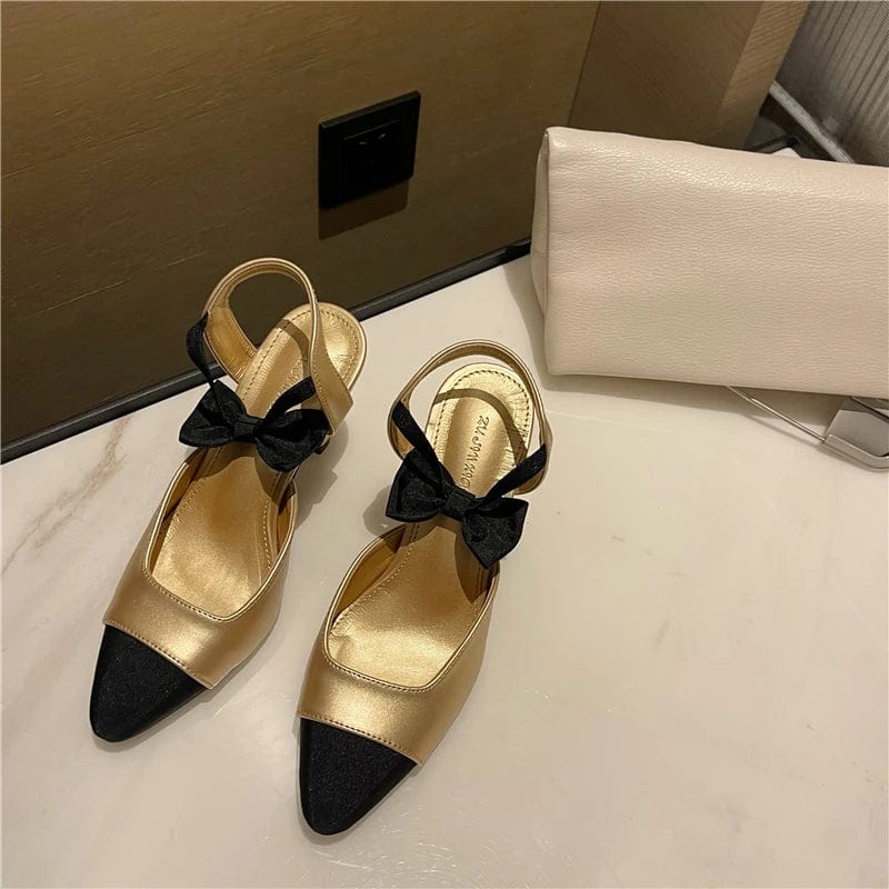 Gold Heels For Women Summer Party Shoes Designer Bowknot Ladies Pumps Black Suede Casual Slingback High Heels 7cm Soulier Femme