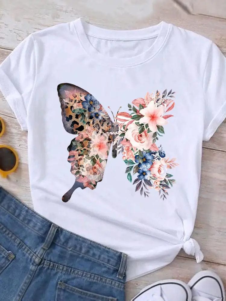 Graphic T Shirt Sunflower Butterfly Cute Summer Casual Clothing Short Sleeve Women Print Fashion Clothes Tee T-shirt Female Top