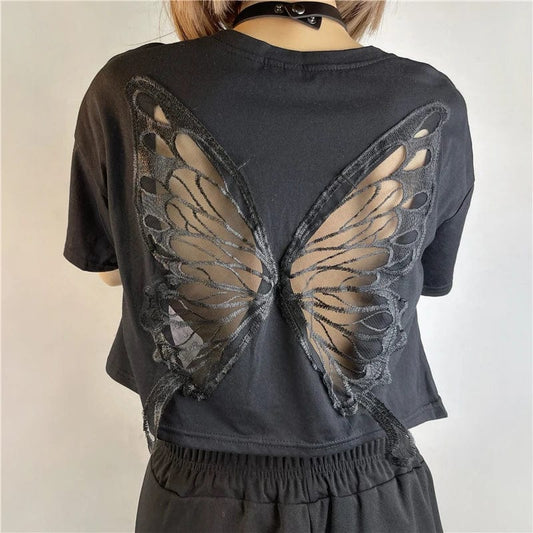 Harajuku Butterfly Wings Black T-shirt Sexy Hollow Out Short Sleeve Crop Top E-girl Dark Academia Grunge Pullovers Tees Women