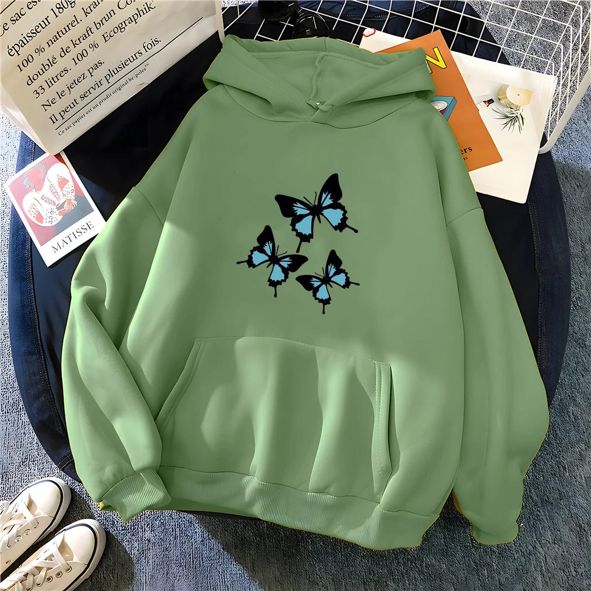 Hirsionsan Butterflies Graphic Print Hoodies Women Chic Long Sleeve Oversized Female Sweatshirt Streetwear Fleece Ladies Clothes