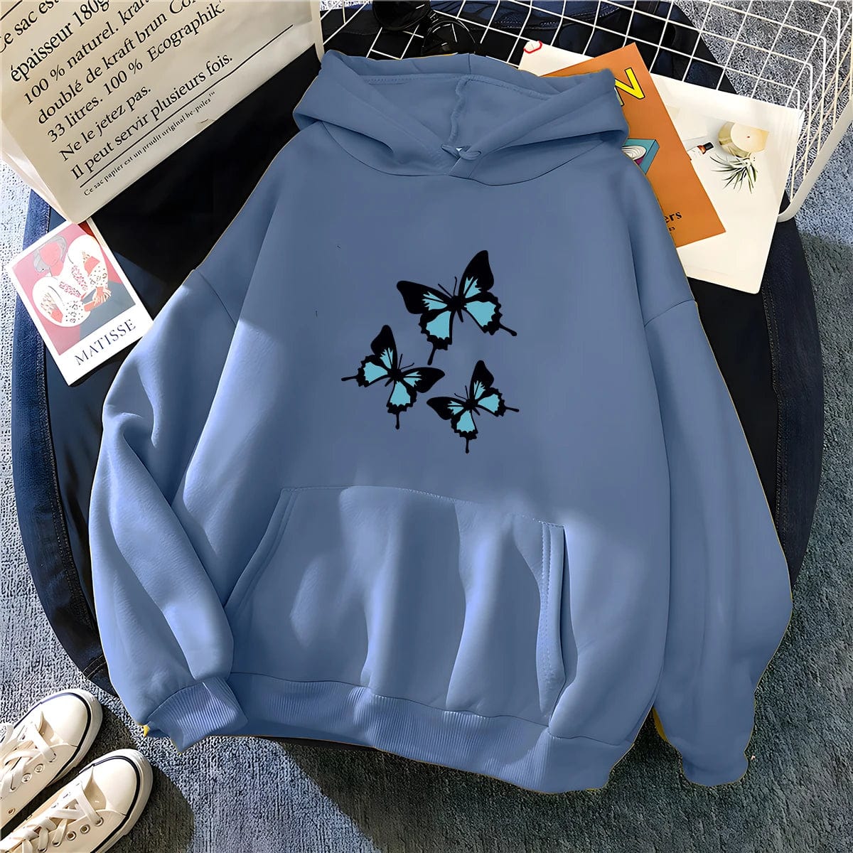 Hirsionsan Butterflies Graphic Print Hoodies Women Chic Long Sleeve Oversized Female Sweatshirt Streetwear Fleece Ladies Clothes