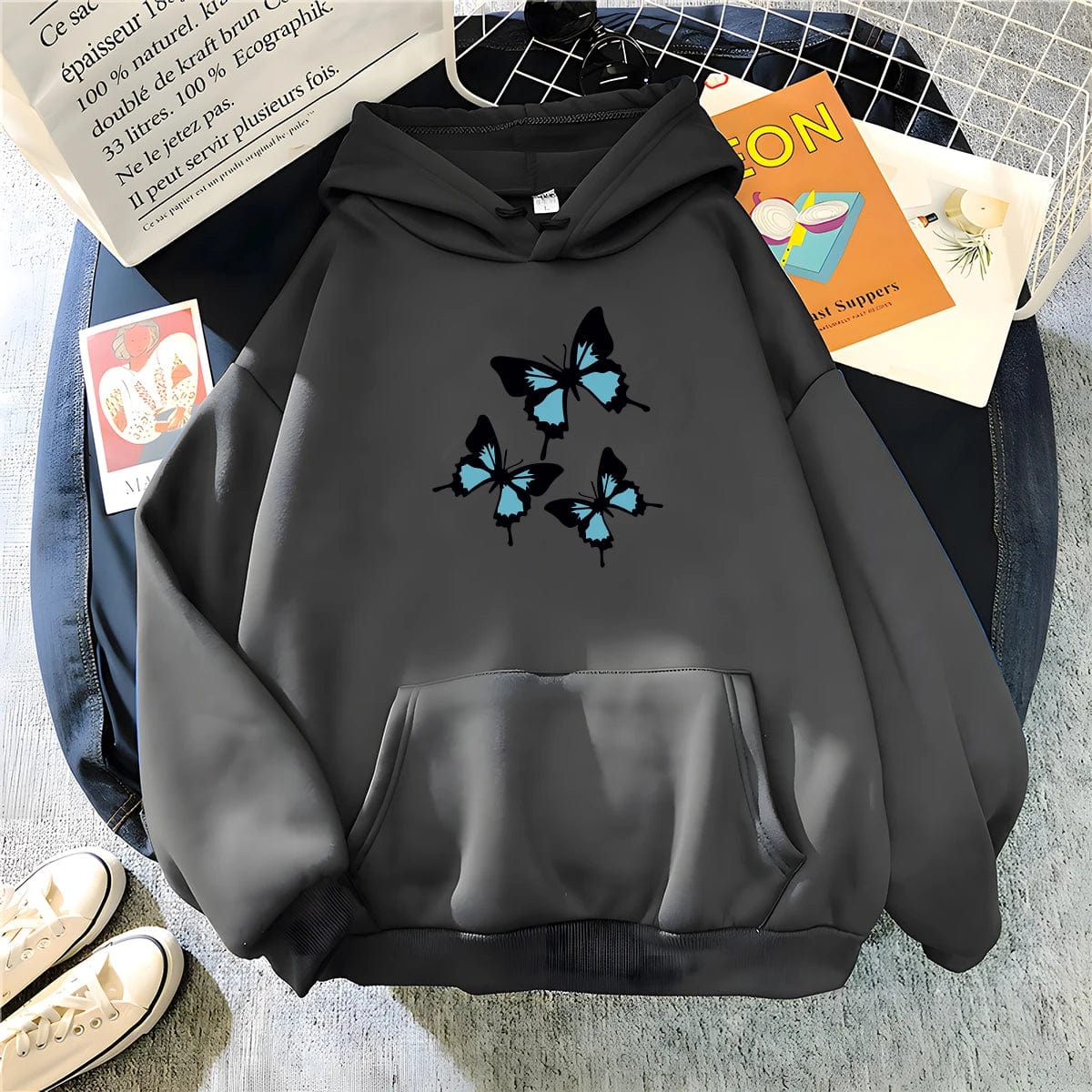 Hirsionsan Butterflies Graphic Print Hoodies Women Chic Long Sleeve Oversized Female Sweatshirt Streetwear Fleece Ladies Clothes