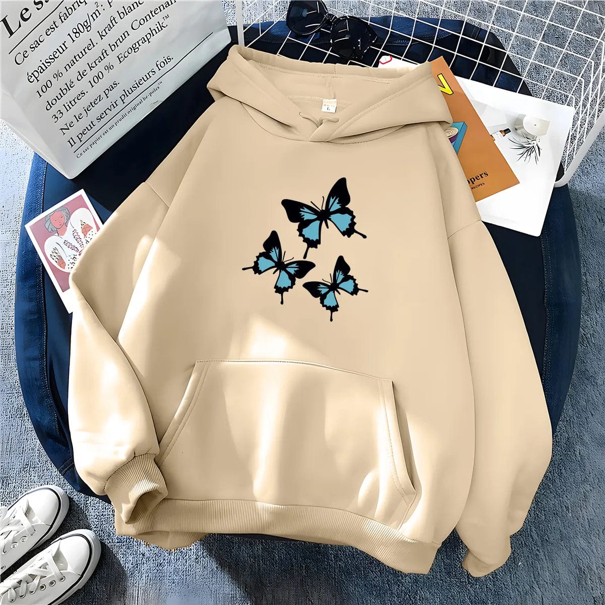 Hirsionsan Butterflies Graphic Print Hoodies Women Chic Long Sleeve Oversized Female Sweatshirt Streetwear Fleece Ladies Clothes