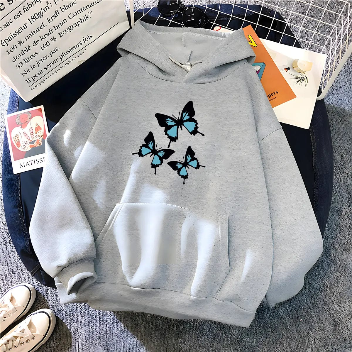 Hirsionsan Butterflies Graphic Print Hoodies Women Chic Long Sleeve Oversized Female Sweatshirt Streetwear Fleece Ladies Clothes