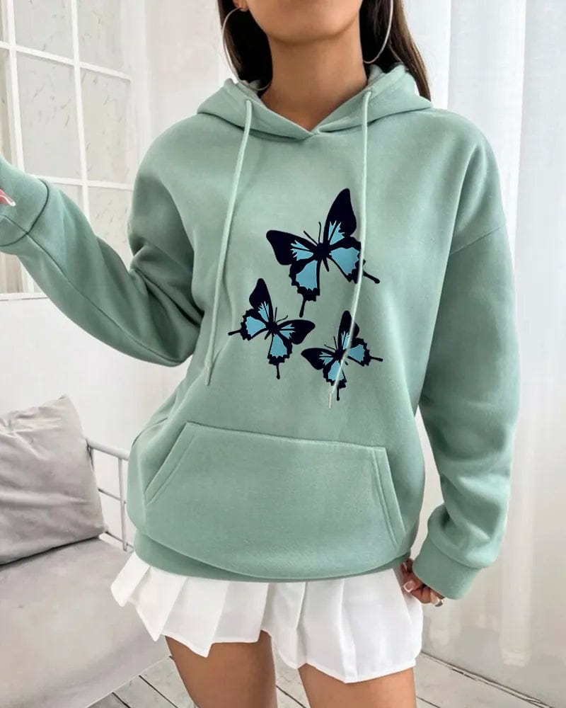 Hirsionsan Butterflies Graphic Print Hoodies Women Chic Long Sleeve Oversized Female Sweatshirt Streetwear Fleece Ladies Clothes