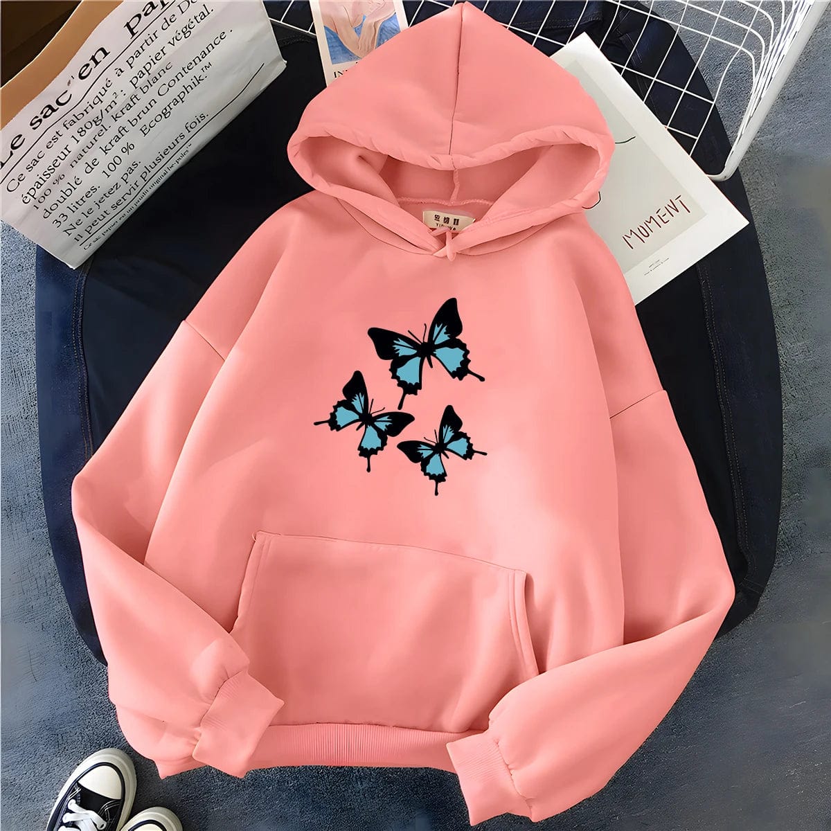 Hirsionsan Butterflies Graphic Print Hoodies Women Chic Long Sleeve Oversized Female Sweatshirt Streetwear Fleece Ladies Clothes