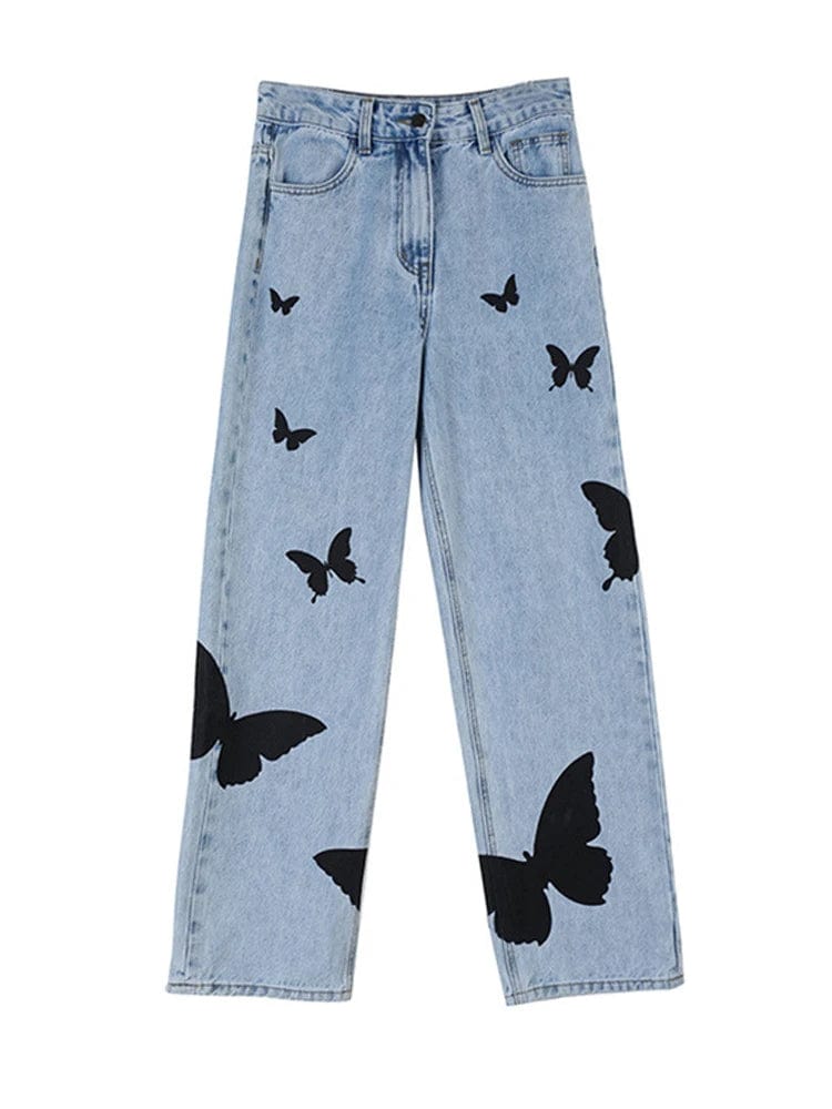 HOUZHOU Butterfly Ripped Jeans for Women Y2K Denim Pants Female Fashion Wide Leg Trousers Blue High Waist Streetwear Hip Hop