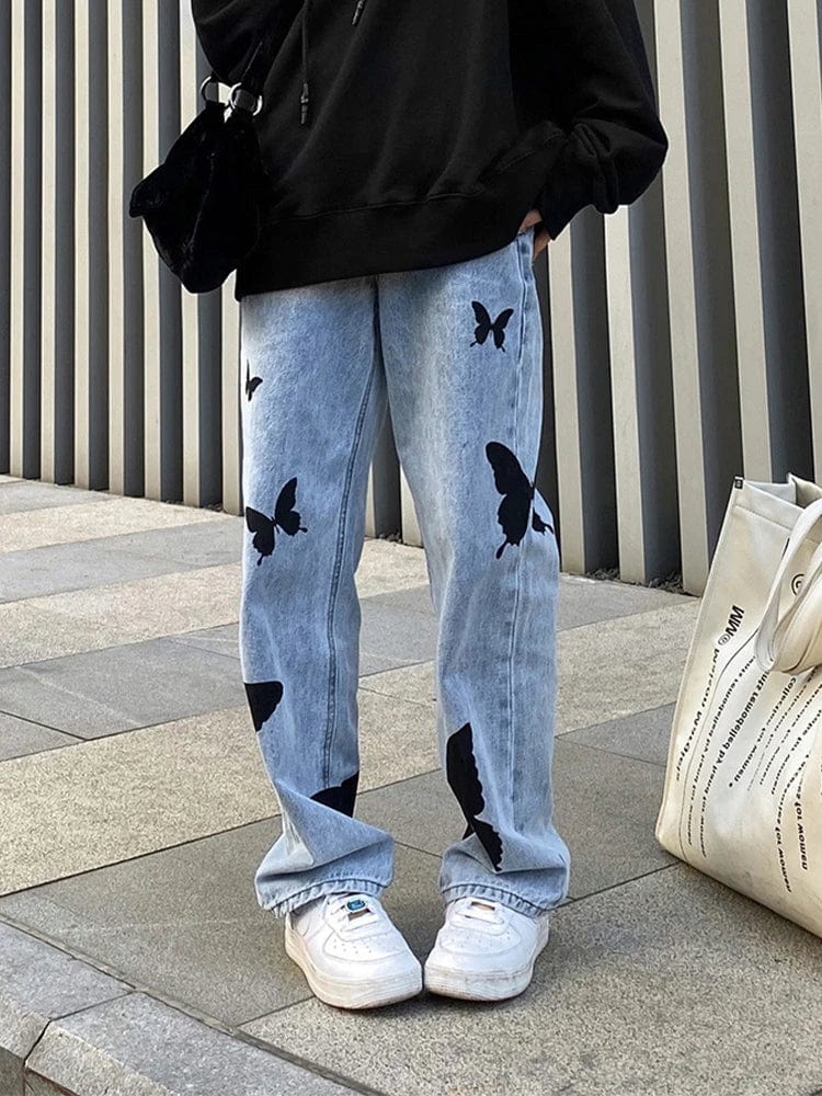 HOUZHOU Butterfly Ripped Jeans for Women Y2K Denim Pants Female Fashion Wide Leg Trousers Blue High Waist Streetwear Hip Hop