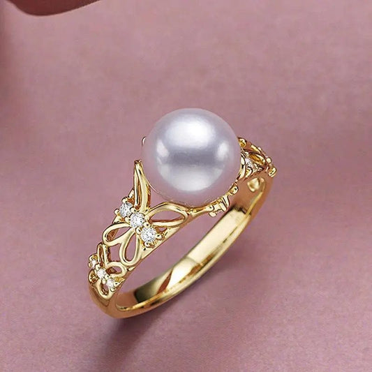 Imitation Pearl Ring for Women Vintage Hollow Out Butterfly Pattern Gold Color Adjustable Finger Accessories Trend Jewelry KCR24