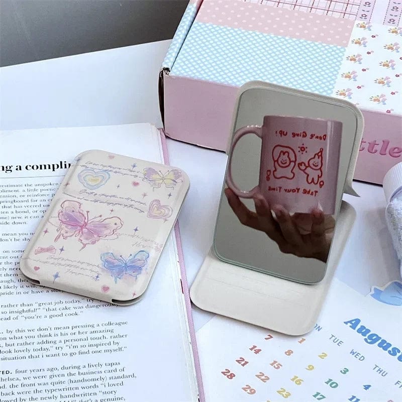 INS Aesthetic Dream Butterfly Art Folding Mirror Standable Desktop Decor Mirror Girls Travel Portable Mini Pocket Makeup Mirror