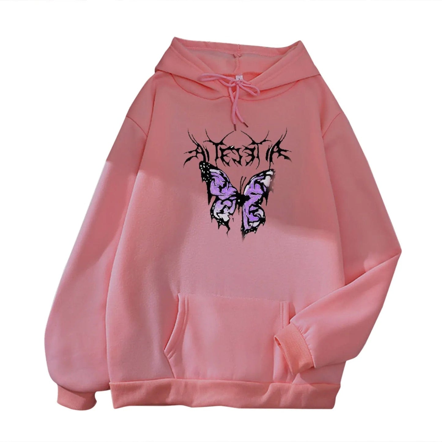 Korean Fashion Butterfly Printed Sweatshirts For Women Casual Loose Hoody Long Sleeve Oversized Hoodie Teen Girl Pocket Pullover