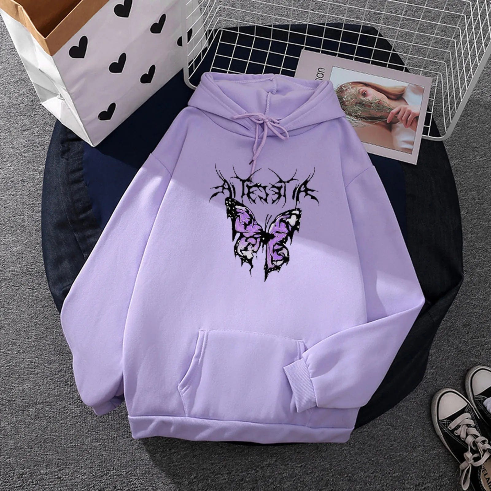 Korean Fashion Butterfly Printed Sweatshirts For Women Casual Loose Hoody Long Sleeve Oversized Hoodie Teen Girl Pocket Pullover