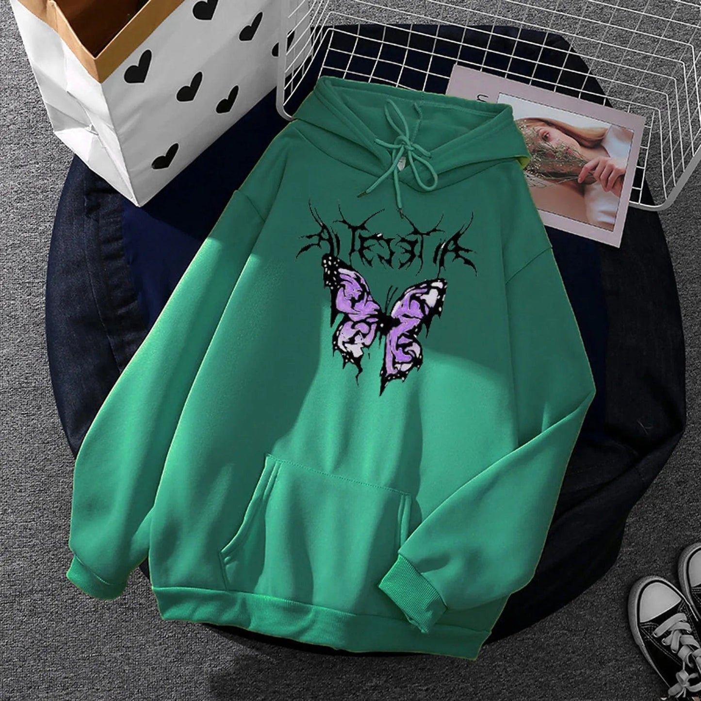 Korean Fashion Butterfly Printed Sweatshirts For Women Casual Loose Hoody Long Sleeve Oversized Hoodie Teen Girl Pocket Pullover