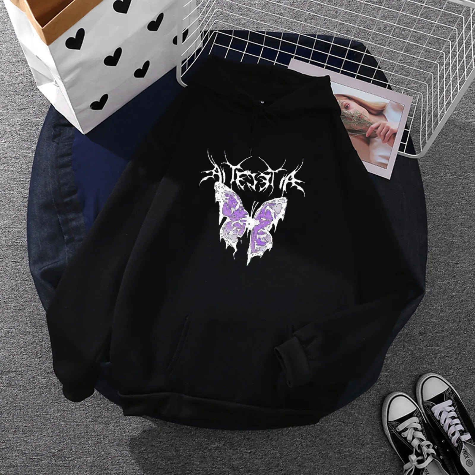 Korean Fashion Butterfly Printed Sweatshirts For Women Casual Loose Hoody Long Sleeve Oversized Hoodie Teen Girl Pocket Pullover