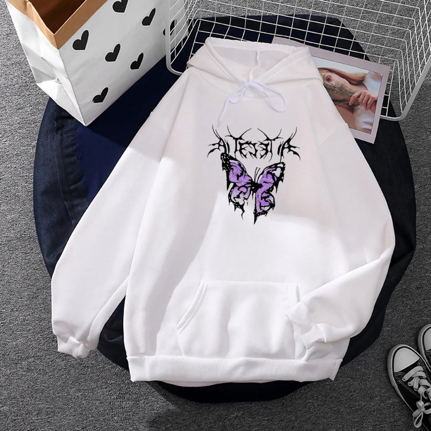 Korean Fashion Butterfly Printed Sweatshirts For Women Casual Loose Hoody Long Sleeve Oversized Hoodie Teen Girl Pocket Pullover