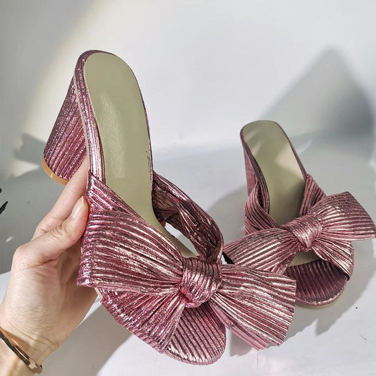 Ladies Gold Pleated Bow Knot Slip On Mules Slip On Wedding Heeled Sandals For Women Block High Heels Design Dress slippers women