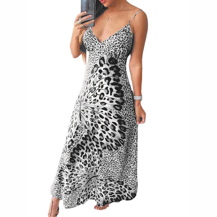 Leopard Butterfly Print Slip Dress Summer Women V Neck Sleeveless Backless Tunic Party Long Maxi Dresses YPZJ-AL8321