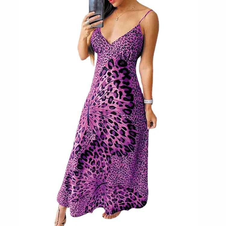 Leopard Butterfly Print Slip Dress Summer Women V Neck Sleeveless Backless Tunic Party Long Maxi Dresses YPZJ-AL8321