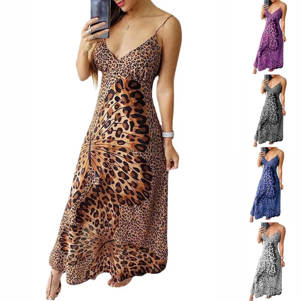 Leopard Butterfly Print Slip Dress Summer Women V Neck Sleeveless Backless Tunic Party Long Maxi Dresses YPZJ-AL8321