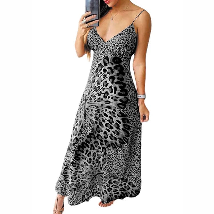 Leopard Butterfly Print Slip Dress Summer Women V Neck Sleeveless Backless Tunic Party Long Maxi Dresses YPZJ-AL8321