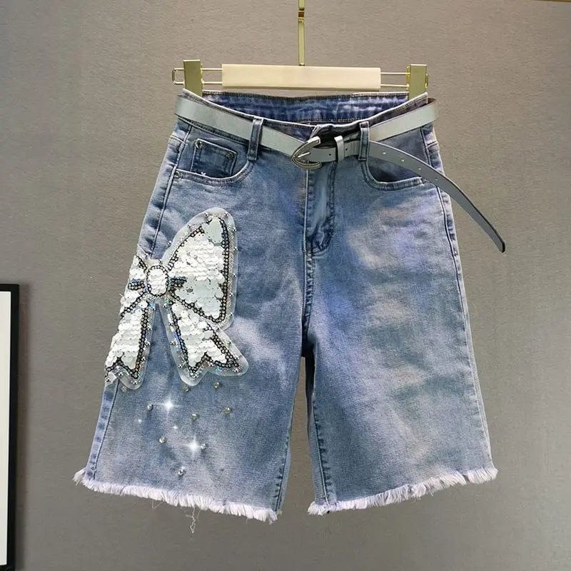 Limiguyue Butterfly Sequins Women Denim Shorts Summer Luxury Diamond Wide Leg Half Pants Femme Street Wear High Waist Jeans E015