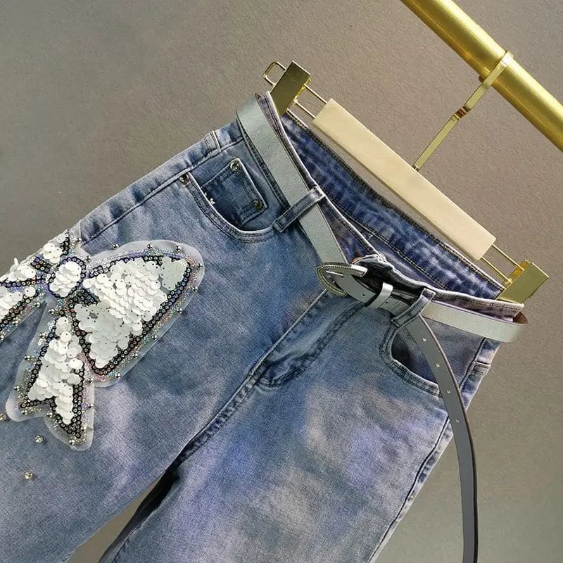 Limiguyue Butterfly Sequins Women Denim Shorts Summer Luxury Diamond Wide Leg Half Pants Femme Street Wear High Waist Jeans E015