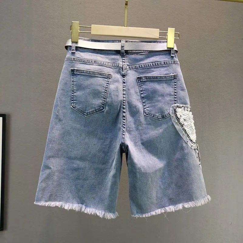 Limiguyue Butterfly Sequins Women Denim Shorts Summer Luxury Diamond Wide Leg Half Pants Femme Street Wear High Waist Jeans E015