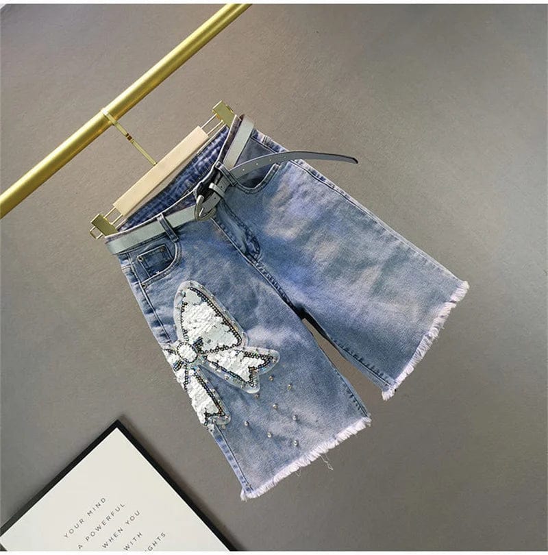 Limiguyue Butterfly Sequins Women Denim Shorts Summer Luxury Diamond Wide Leg Half Pants Femme Street Wear High Waist Jeans E015