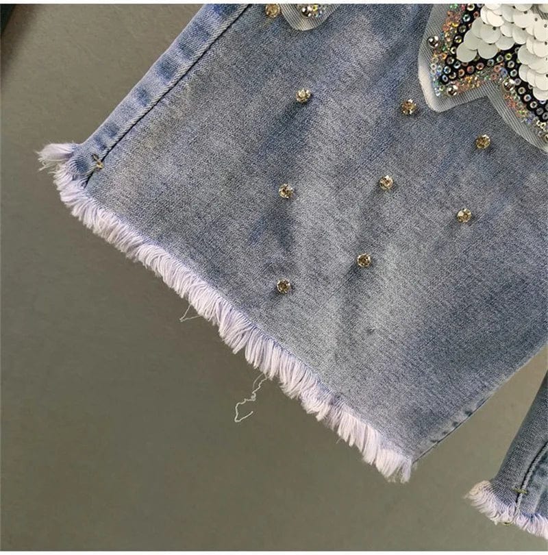 Limiguyue Butterfly Sequins Women Denim Shorts Summer Luxury Diamond Wide Leg Half Pants Femme Street Wear High Waist Jeans E015