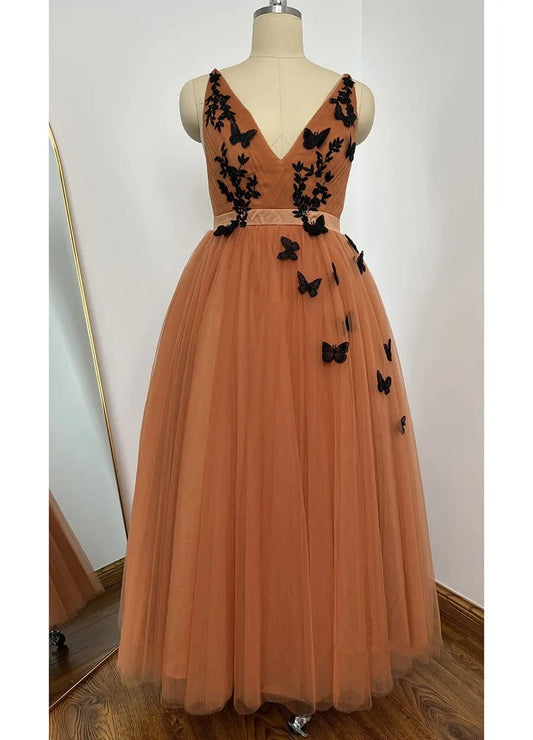 Long Prom Dresses Sleeveless V Neckline Black Butterfly Lace Applique Orange Tulle Formal Party Evening Gown Women Elegant Dress