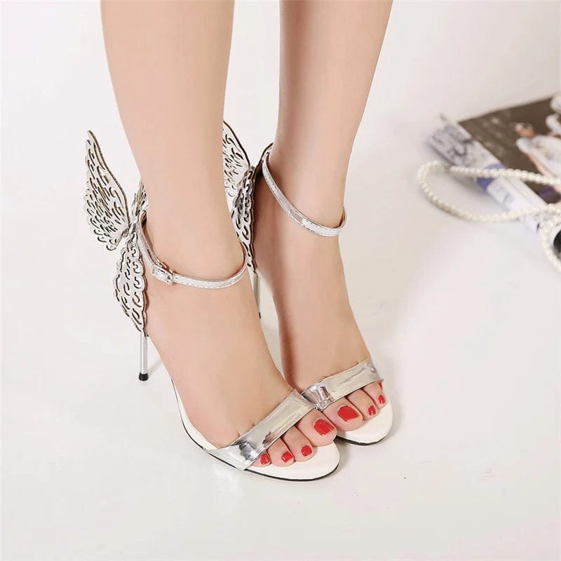 Luxury Women 10cm High Heels Fetish Leather Sandals Sexy Metal Butterfly Summer Shoes Lady Gold Stiletto Party Valentine Sandles