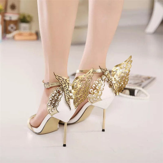 Luxury Women 10cm High Heels Fetish Leather Sandals Sexy Metal Butterfly Summer Shoes Lady Gold Stiletto Party Valentine Sandles