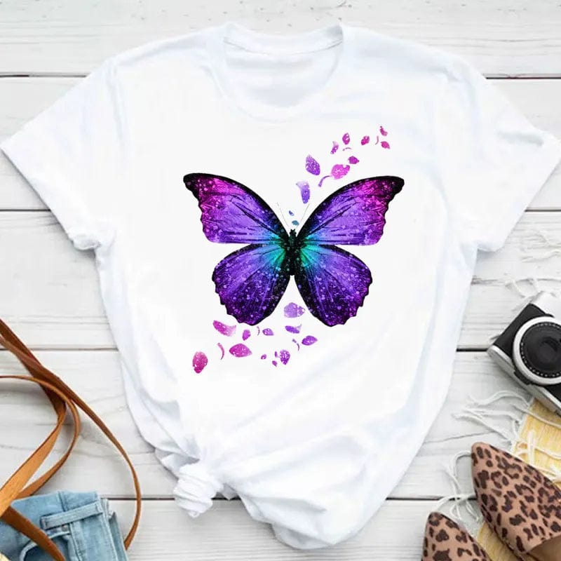 New Fashion Women T-shirt Colorful Butterfly Petal Print Short Sleeve and Round Neck Cute Graphic Tee Shirts Female Tops Clothin