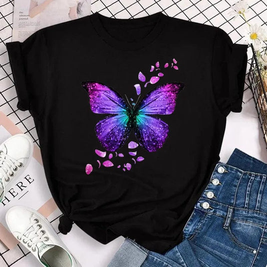 New Fashion Women T-shirt Colorful Butterfly Petal Print Short Sleeve and Round Neck Cute Graphic Tee Shirts Female Tops Clothin