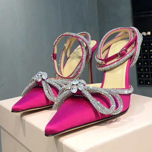 New Ladies Luxurious Crystal Butterfly-knot Pumps High Heels Pointed Toe Satin High Heels Women's Party Shoes Wedding Shoes