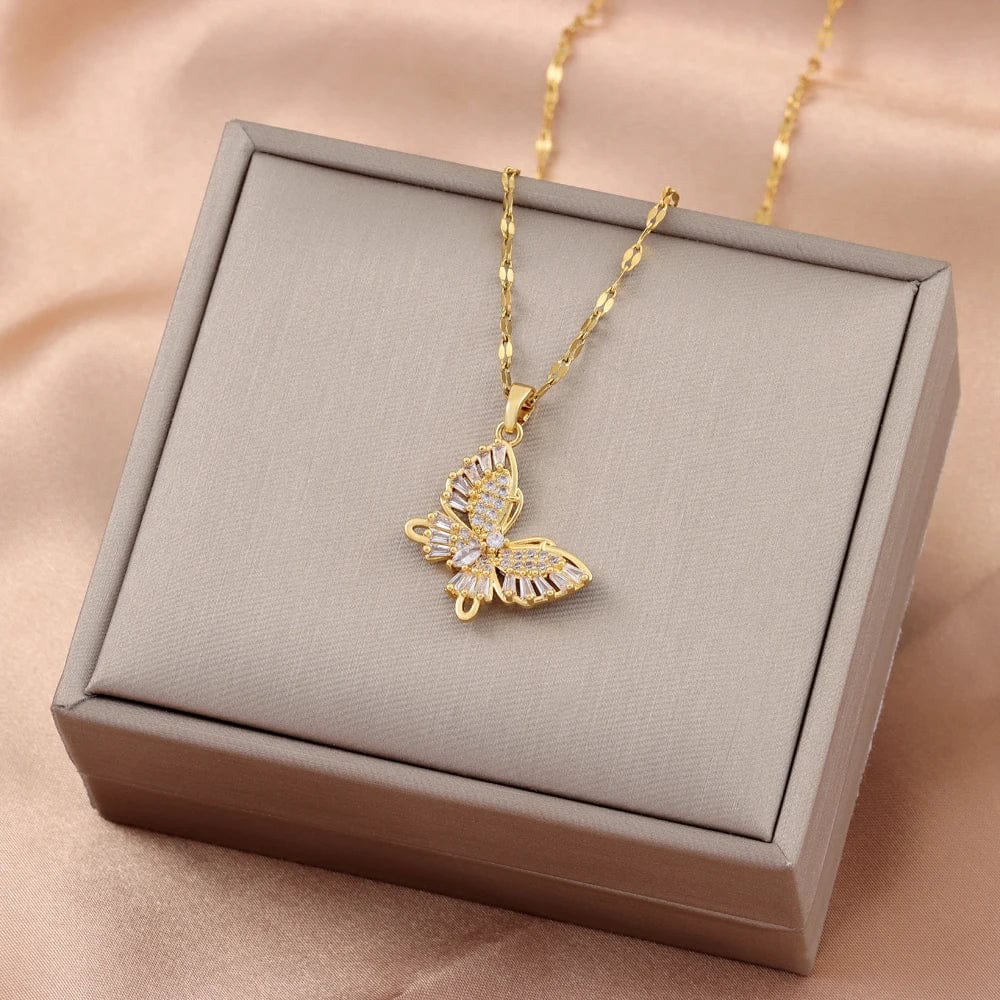 New Sweet Zircon Crystal Butterfly Pendant Necklaces For Women Temperament Light Luxury Gold Color Stainless Steel Neck Chain