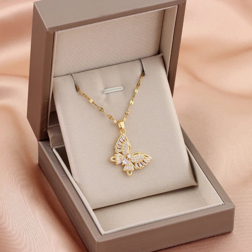 New Sweet Zircon Crystal Butterfly Pendant Necklaces For Women Temperament Light Luxury Gold Color Stainless Steel Neck Chain