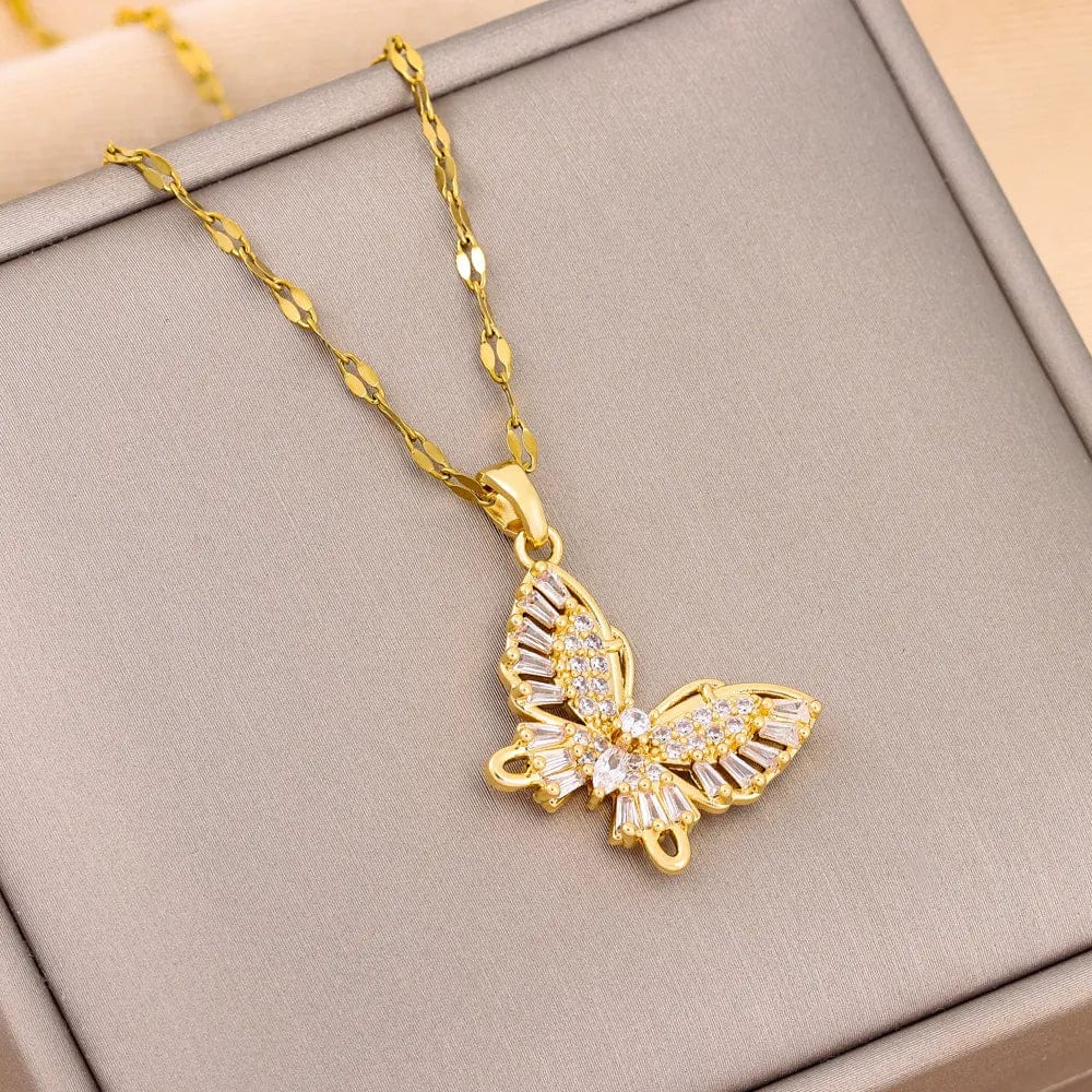 New Sweet Zircon Crystal Butterfly Pendant Necklaces For Women Temperament Light Luxury Gold Color Stainless Steel Neck Chain