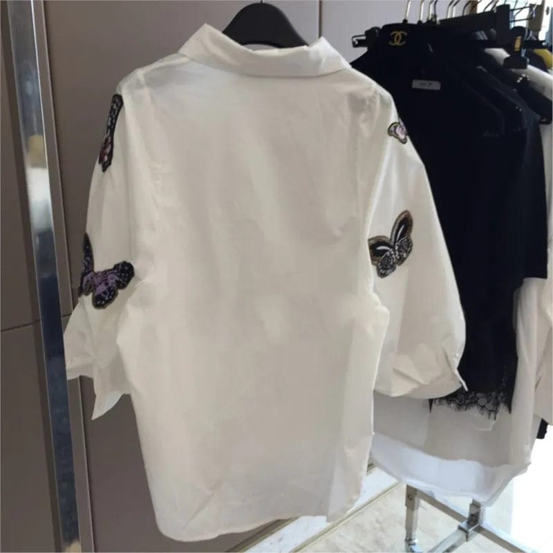 New White Shirt Women Butterfly Embroidery three quarter Sleeve Loose Blouse and Tops Ladies Button Down Shirts NS4551