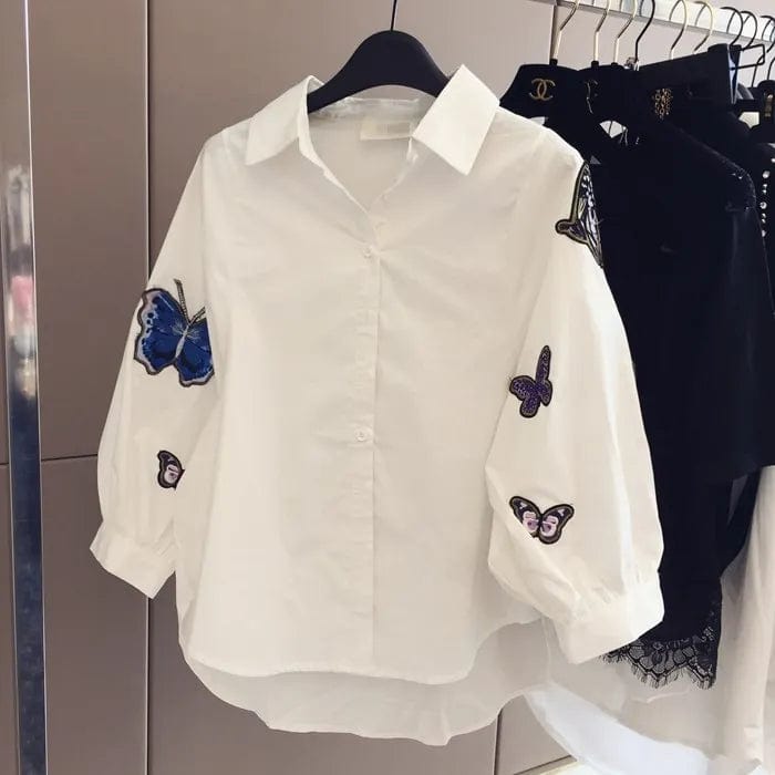 New White Shirt Women Butterfly Embroidery three quarter Sleeve Loose Blouse and Tops Ladies Button Down Shirts NS4551