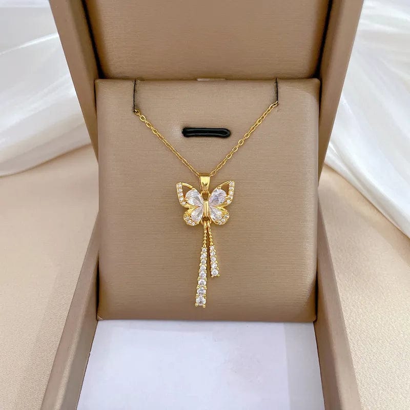 OIMG 316L Stainless Steel Gold Plated Luxury Jewelry Romantic Taseel Butterfly Necklace For Women Bridal Wedding Party Gifts