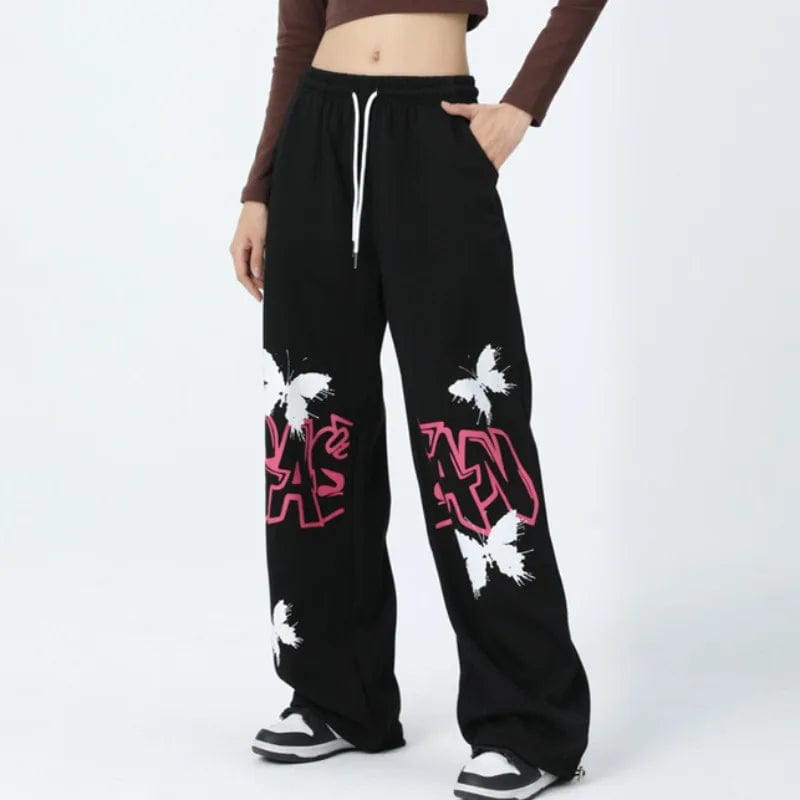 Original American graffiti butterfly print sweatpants Korean style jazz dance hip-hop pants women's design summer casual pants