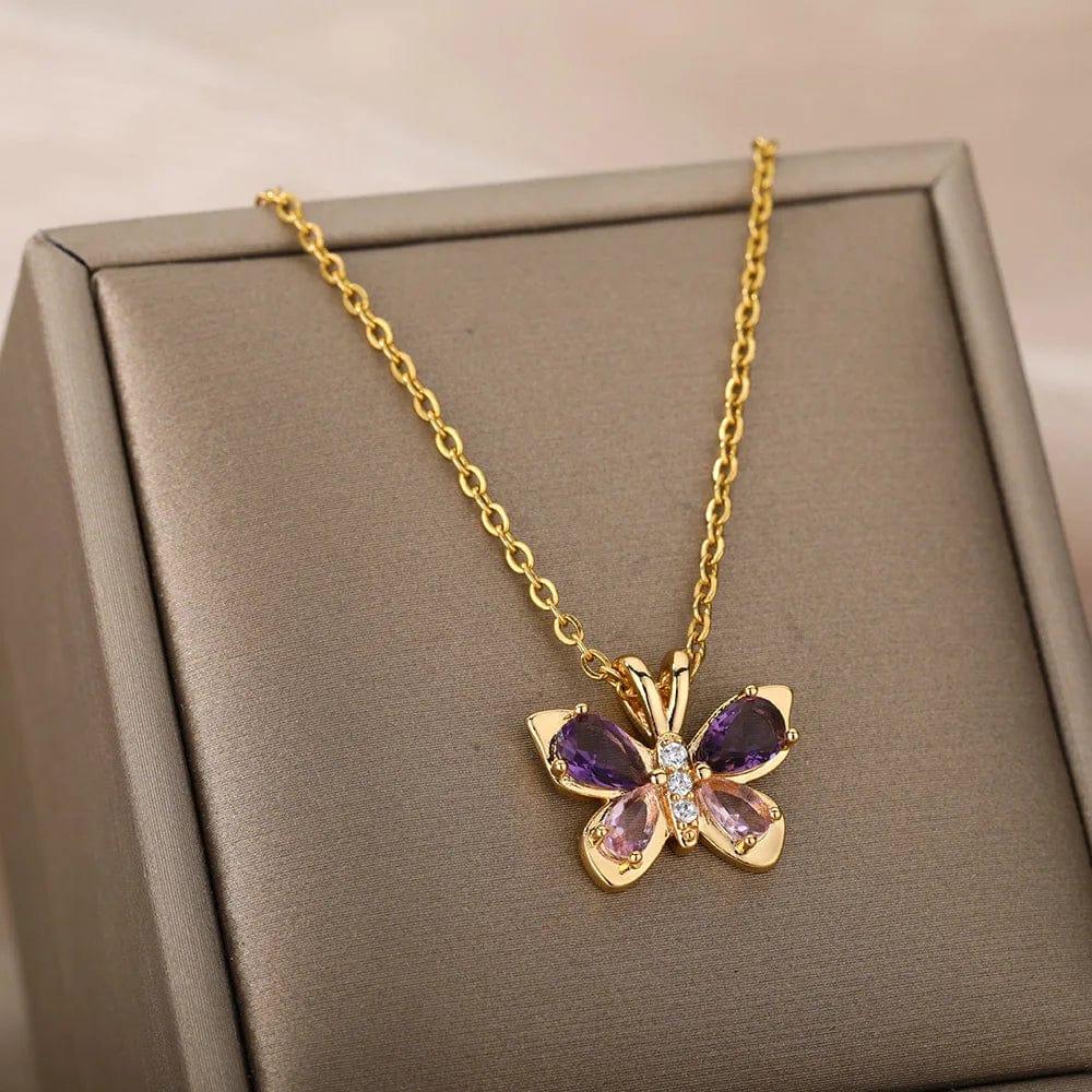 Purple Crystal Butterfly Pendant Necklace For Women Stainless Steel Cubic Zirconia Gold Color Necklaces Couple Aesthetic Jewelry