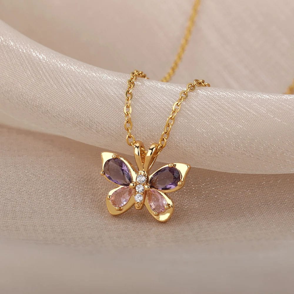 Purple Crystal Butterfly Pendant Necklace For Women Stainless Steel Cubic Zirconia Gold Color Necklaces Couple Aesthetic Jewelry