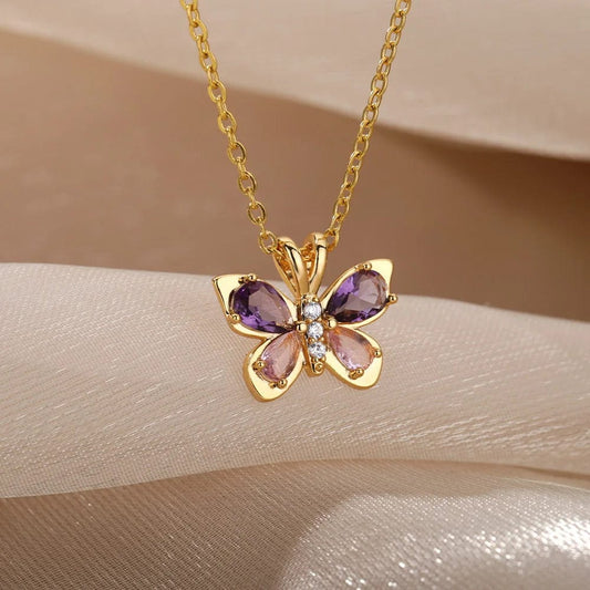 Purple Crystal Butterfly Pendant Necklace For Women Stainless Steel Cubic Zirconia Gold Color Necklaces Couple Aesthetic Jewelry