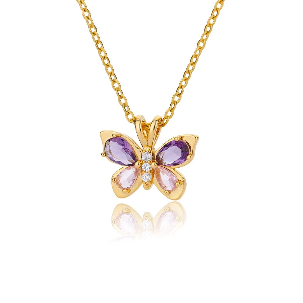 Purple Crystal Butterfly Pendant Necklace For Women Stainless Steel Cubic Zirconia Gold Color Necklaces Couple Aesthetic Jewelry